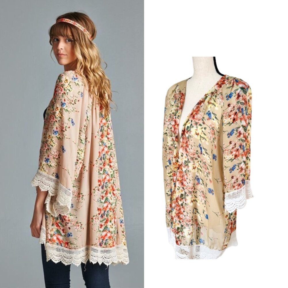 Boho Floral Kimono Cardigan Top Lace Trim Flowy Open Front Beach Cover Up